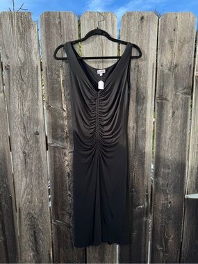 Vintage Ruched V-Neck Midi Tank Dress Black Y2K 90s Baddie Dance Guest Dress